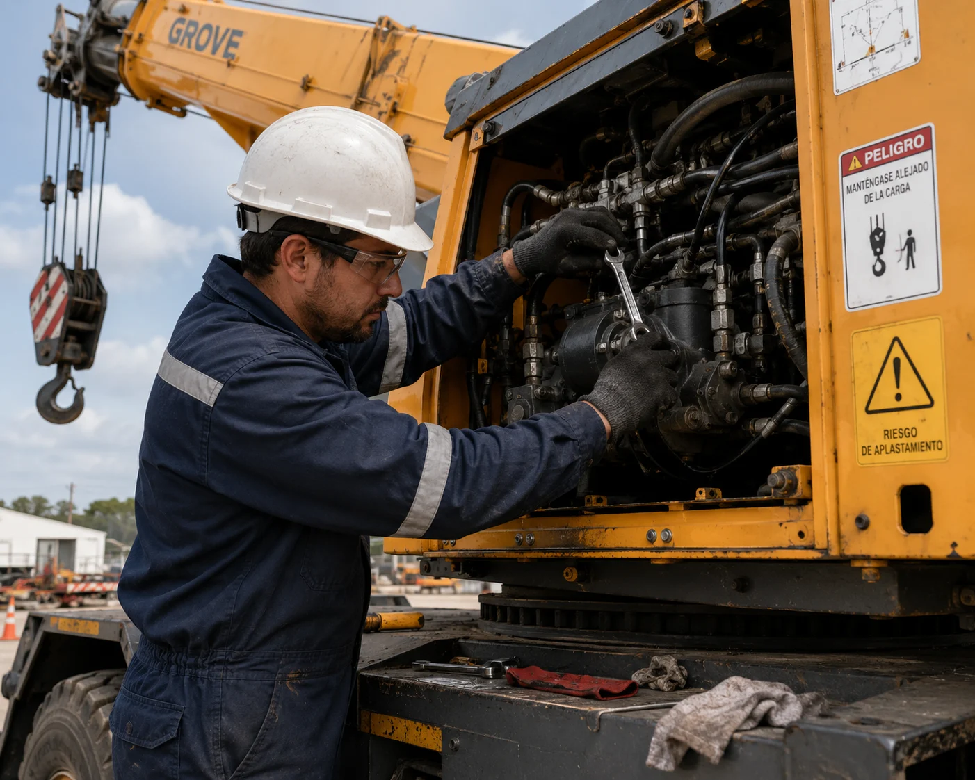 Técnico reparando grúa horquilla